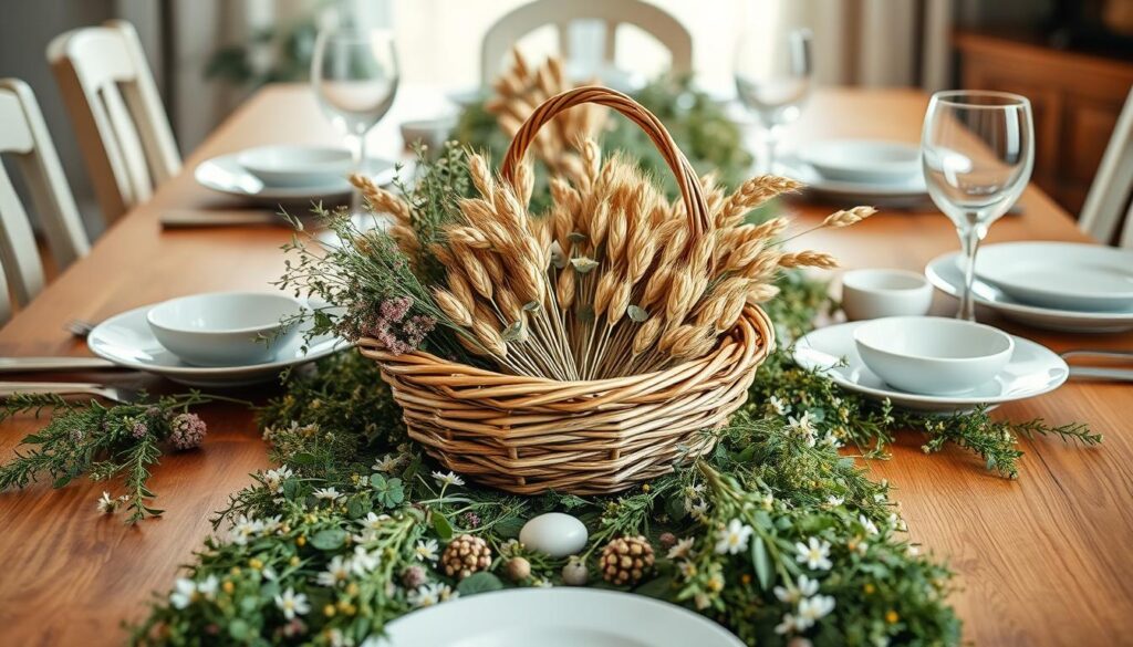 A beautifully set Easter table, adorned with a fresh green runner, adorned with delicate wildflowers and sprigs of fragrant herbs. In the center, a rustic woven basket overflows with plump, golden oat stalks, their heads bowing gently. Soft, diffused lighting casts a warm, inviting glow, highlighting the natural textures and colors. Elegant white porcelain plates and glassware shimmer, complementing the earthy, organic palette. The overall atmosphere exudes a sense of simplicity, tradition, and the welcoming spirit of the Easter holiday. A beautifully set Easter table, adorned with a fresh green runner, adorned with delicate wildflowers and sprigs of fragrant herbs. In the center, a rustic woven basket overflows with plump, golden oat stalks, their heads bowing gently. Soft, diffused lighting casts a warm, inviting glow, highlighting the natural textures and colors. Elegant white porcelain plates and glassware shimmer, complementing the earthy, organic palette. The overall atmosphere exudes a sense of simplicity, tradition, and the welcoming spirit of the Easter holiday.