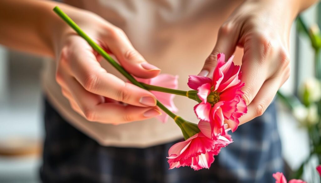 A close-up photograph of a florist's hands carefully angling a freshly cut carnation stem at a 45-degree angle, showcasing the precise technique of stem trimming for optimal flower blooming. The image is bathed in soft, natural lighting, capturing the delicate movements and the vibrant hues of the carnation petals. The background is blurred, keeping the focus on the intricate process of stem preparation, a crucial step for ensuring the full, lush development of the flowers in a vase. A close-up photograph of a florist's hands carefully angling a freshly cut carnation stem at a 45-degree angle, showcasing the precise technique of stem trimming for optimal flower blooming. The image is bathed in soft, natural lighting, capturing the delicate movements and the vibrant hues of the carnation petals. The background is blurred, keeping the focus on the intricate process of stem preparation, a crucial step for ensuring the full, lush development of the flowers in a vase.