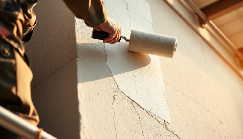 A close-up view of a construction worker's hands carefully applying a layer of primer to the exterior walls of a building, preparing the surface for a fresh coat of paint. The worker stands on a scaffold, wielding a paint roller with precision, as sunlight filters through the scaffolding and casts a warm, golden glow across the scene. The wall texture is visible, with subtle imperfections and cracks, indicating the need for proper surface preparation before painting. The background is blurred, focusing the viewer's attention on the intricate process of priming the exterior walls, a critical step in the overall process of renovating and maintaining a building's facade. A close-up view of a construction worker's hands carefully applying a layer of primer to the exterior walls of a building, preparing the surface for a fresh coat of paint. The worker stands on a scaffold, wielding a paint roller with precision, as sunlight filters through the scaffolding and casts a warm, golden glow across the scene. The wall texture is visible, with subtle imperfections and cracks, indicating the need for proper surface preparation before painting. The background is blurred, focusing the viewer's attention on the intricate process of priming the exterior walls, a critical step in the overall process of renovating and maintaining a building's facade.