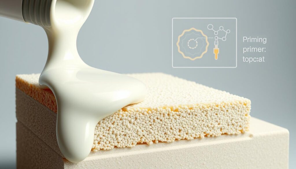 A detailed cross-section illustration showcasing the inner workings and interactions between a priming coating and the underlying surface. The foreground depicts the paint primer being applied, with its viscous liquid texture and uniform coverage. The middle ground reveals the porous, granular structure of the base material, allowing the primer to deeply penetrate and bond. In the background, a technical diagram illustrates the microscopic mechanisms - capillary action, surface tension, and chemical adhesion - that enable the primer to effectively prepare the surface for a durable topcoat. Crisp lighting from multiple angles highlights the materials' nuanced properties, while a muted, technical color palette conveys a sense of precision and functionality.
