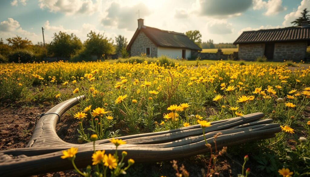 A lush, ancient field of wrotycz (tansy) plants, their delicate yellow flowers swaying gently in the warm breeze. In the foreground, an old, weathered wooden scythe lies on the soil, a testament to the traditional methods once used to harvest this vibrant herb. The middle ground reveals a small stone cottage, its thatched roof and whitewashed walls hinting at the rich history and medicinal traditions associated with wrotycz. Rays of golden sunlight filter through wispy clouds, casting a soft, magical glow over the entire scene. This image evokes the timeless essence of wrotycz's historical significance and its deep-rooted place in folk remedies and herbal practices.