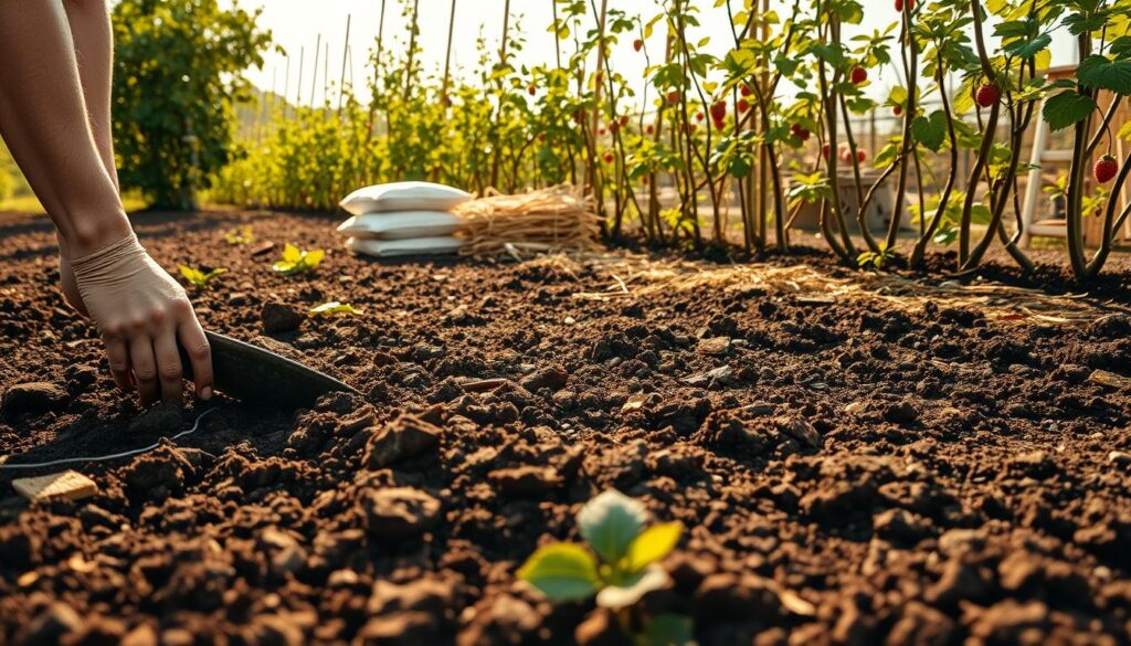 A lush, earthy garden scene showing the preparation of soil for mulching around raspberry bushes. In the foreground, a gardener's hands carefully cultivate the dark, rich soil, breaking up clumps and incorporating organic matter. Midground, neatly stacked bags of fresh wood chips or straw await application. In the background, the raspberry canes sway gently in a soft breeze, their leaves casting delicate shadows on the prepared earth. Warm, golden sunlight filters through the scene, imbuing it with a sense of tranquility and anticipation for the upcoming growing season. The overall composition emphasizes the care and attention required to properly prepare the soil for an effective mulch application around these productive berry bushes. A lush, earthy garden scene showing the preparation of soil for mulching around raspberry bushes. In the foreground, a gardener's hands carefully cultivate the dark, rich soil, breaking up clumps and incorporating organic matter. Midground, neatly stacked bags of fresh wood chips or straw await application. In the background, the raspberry canes sway gently in a soft breeze, their leaves casting delicate shadows on the prepared earth. Warm, golden sunlight filters through the scene, imbuing it with a sense of tranquility and anticipation for the upcoming growing season. The overall composition emphasizes the care and attention required to properly prepare the soil for an effective mulch application around these productive berry bushes.