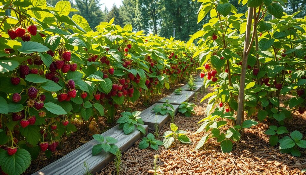 A lush raspberry patch nestled in a verdant garden, the canes adorned with vibrant green leaves and plump, juicy berries. Soft, earthy tones of weathered wooden planks line the ground, creating a natural mulch that retains moisture and suppresses weeds. Dappled sunlight filters through the canopy, casting warm, golden hues across the scene. The overall mood is one of abundant, nourishing growth, showcasing the importance of this simple yet effective technique of mulching raspberry plants for a thriving, productive harvest. A lush raspberry patch nestled in a verdant garden, the canes adorned with vibrant green leaves and plump, juicy berries. Soft, earthy tones of weathered wooden planks line the ground, creating a natural mulch that retains moisture and suppresses weeds. Dappled sunlight filters through the canopy, casting warm, golden hues across the scene. The overall mood is one of abundant, nourishing growth, showcasing the importance of this simple yet effective technique of mulching raspberry plants for a thriving, productive harvest.