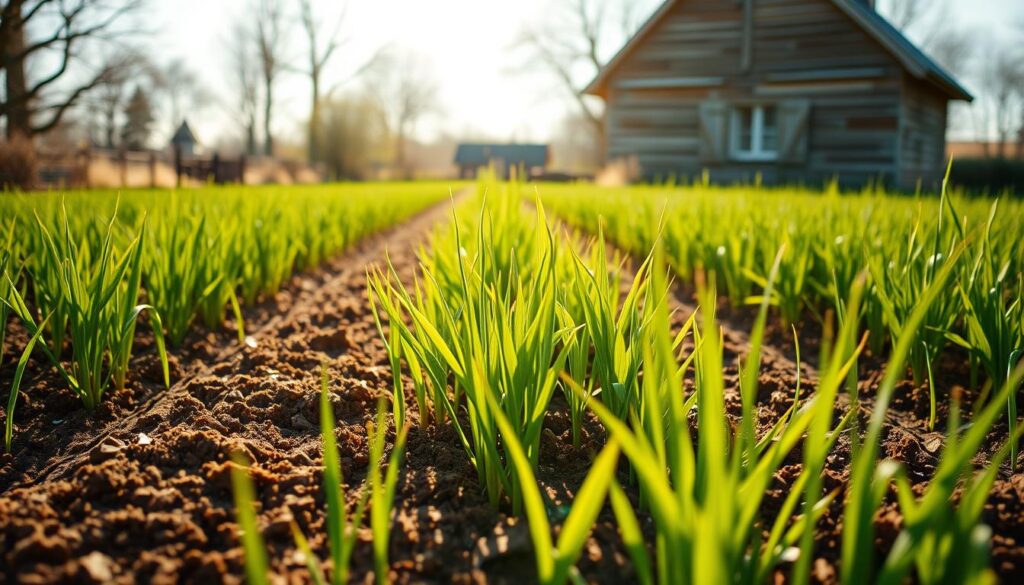 A lush, verdant field bathed in warm, golden sunlight. At the center, rows of vibrant, emerald-green oat seedlings sway gently in the spring breeze, their slender stalks reaching towards the sky. The soil is rich and loamy, its deep brown hues contrasting beautifully with the young plants. In the background, a quaint, rustic farmhouse stands, its weathered wooden facade casting gentle shadows across the scene. The atmosphere is one of tranquility and new beginnings, perfectly capturing the essence of the Easter oat sowing season. A lush, verdant field bathed in warm, golden sunlight. At the center, rows of vibrant, emerald-green oat seedlings sway gently in the spring breeze, their slender stalks reaching towards the sky. The soil is rich and loamy, its deep brown hues contrasting beautifully with the young plants. In the background, a quaint, rustic farmhouse stands, its weathered wooden facade casting gentle shadows across the scene. The atmosphere is one of tranquility and new beginnings, perfectly capturing the essence of the Easter oat sowing season.