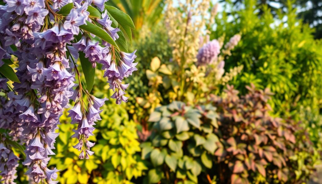 A lush, vibrant image of Paulownia tomentosa, the Japanese Empress Tree, showcasing its unique and diverse varieties. In the foreground, delicate lavender blooms cascade gracefully, their velvety petals illuminated by soft, warm lighting. The middle ground reveals the tree's distinct leaves, broad and heart-shaped, their verdant hues ranging from deep emerald to soft sage. In the background, a harmonious composition of Paulownia's varied cultivars, each with its own distinctive foliage and growth habits, creating a visually captivating tableau. The scene is infused with a sense of serenity and natural wonder, inviting the viewer to appreciate the beauty and diversity of this remarkable tree species. A lush, vibrant image of Paulownia tomentosa, the Japanese Empress Tree, showcasing its unique and diverse varieties. In the foreground, delicate lavender blooms cascade gracefully, their velvety petals illuminated by soft, warm lighting. The middle ground reveals the tree's distinct leaves, broad and heart-shaped, their verdant hues ranging from deep emerald to soft sage. In the background, a harmonious composition of Paulownia's varied cultivars, each with its own distinctive foliage and growth habits, creating a visually captivating tableau. The scene is infused with a sense of serenity and natural wonder, inviting the viewer to appreciate the beauty and diversity of this remarkable tree species.