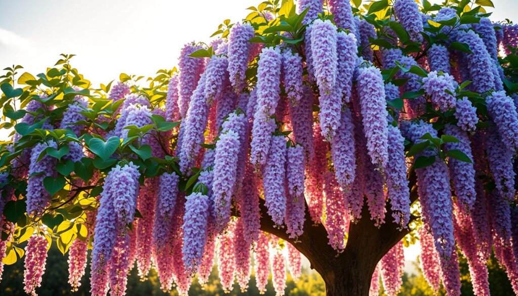 A majestic Paulownia tree stands tall against a vibrant sky, its large, heart-shaped leaves gently swaying in the warm breeze. The soft, lavender-hued blossoms cascade down from the branches, creating a stunning display of color and grace. The tree's regal presence commands attention, earning it the title "Cesarskie Drzewko Szczęścia" or "The Emperor's Tree of Fortune." The scene is illuminated by warm, golden sunlight, casting a serene, almost ethereal glow over the entire composition. The foreground is in sharp focus, allowing the viewer to appreciate the intricate details of the tree's flowers and foliage, while the background softly blurs into a dreamlike landscape. This image beautifully captures the essence of the Paulownia tree, embodying its majestic beauty and the sense of prosperity it symbolizes. A majestic Paulownia tree stands tall against a vibrant sky, its large, heart-shaped leaves gently swaying in the warm breeze. The soft, lavender-hued blossoms cascade down from the branches, creating a stunning display of color and grace. The tree's regal presence commands attention, earning it the title "Cesarskie Drzewko Szczęścia" or "The Emperor's Tree of Fortune." The scene is illuminated by warm, golden sunlight, casting a serene, almost ethereal glow over the entire composition. The foreground is in sharp focus, allowing the viewer to appreciate the intricate details of the tree's flowers and foliage, while the background softly blurs into a dreamlike landscape. This image beautifully captures the essence of the Paulownia tree, embodying its majestic beauty and the sense of prosperity it symbolizes.