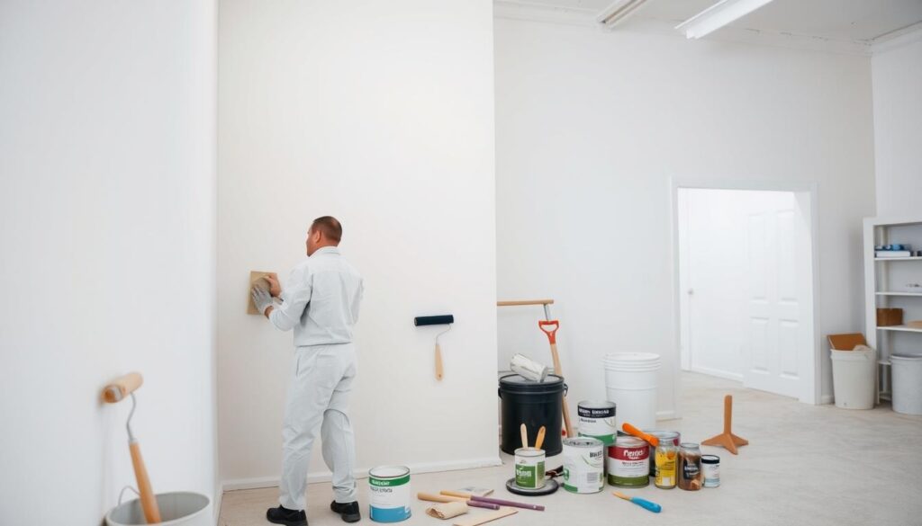 A well-lit interior scene showcasing the preparation of a surface for painting. In the foreground, a worker wearing a white coverall is carefully sanding a smooth, pristine white wall, removing any imperfections. The middle ground features various painting tools and supplies, including rollers, brushes, and cans of primer and paint in different colors. The background shows additional walls, shelves, and other elements of a workspace, creating a sense of depth and context. The lighting is soft and diffused, creating an even, shadow-free illumination that highlights the texture of the wall and the precision of the sanding process. The overall mood is one of focused diligence and attention to detail, reflecting the importance of proper surface preparation before the painting can begin.