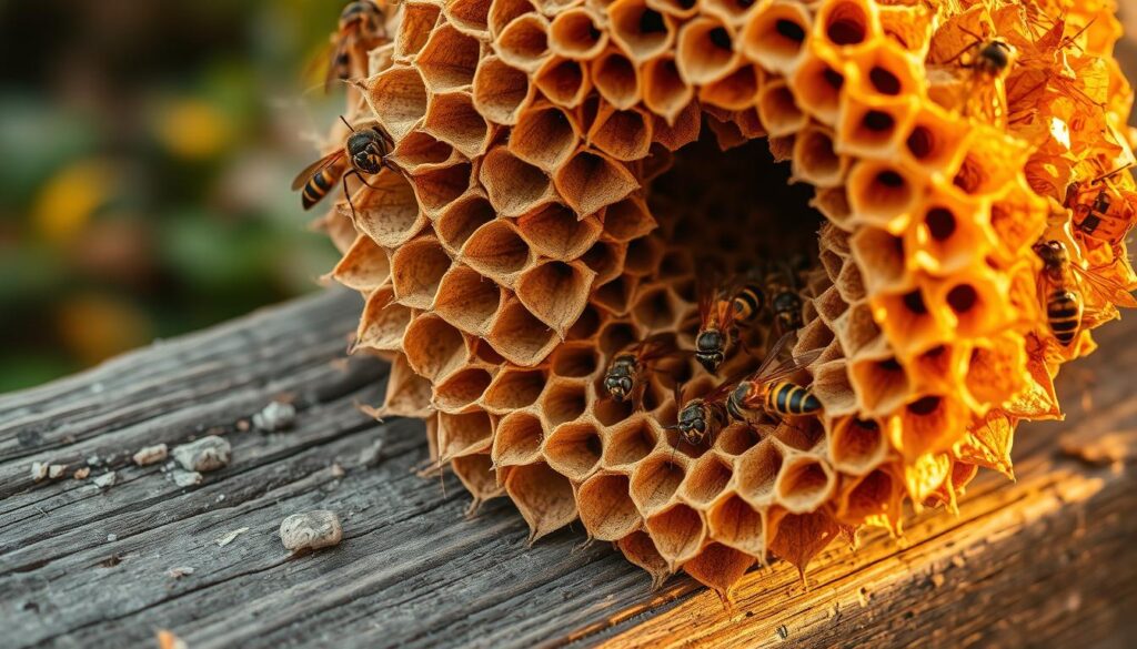 An intricate close-up view of a paper wasp nest, its delicate honeycomb structure meticulously crafted from chewed wood fibers. The nest is situated on a weathered wooden surface, bathed in warm, golden lighting that accentuates the intricate patterns and textures. The foreground showcases the nest's complex architecture, with individual cells and the busy activity of the wasps as they weave their intricate home. The middle ground features a few curious wasps, their bodies in sharp focus, their compound eyes and striped abdomens visible. The background is slightly blurred, suggesting a natural outdoor setting, perhaps a garden or a forest edge, where the nest is situated. An intricate close-up view of a paper wasp nest, its delicate honeycomb structure meticulously crafted from chewed wood fibers. The nest is situated on a weathered wooden surface, bathed in warm, golden lighting that accentuates the intricate patterns and textures. The foreground showcases the nest's complex architecture, with individual cells and the busy activity of the wasps as they weave their intricate home. The middle ground features a few curious wasps, their bodies in sharp focus, their compound eyes and striped abdomens visible. The background is slightly blurred, suggesting a natural outdoor setting, perhaps a garden or a forest edge, where the nest is situated.