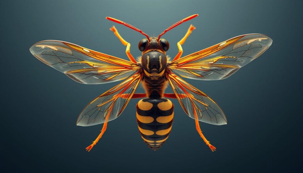 Detailed anatomical cross-section of a wasp's body, showcasing its intricate structure. Crisp, high-resolution view highlighting the distinct segments, compound eyes, antennae, thorax, abdomen, and delicate wings. Capture the graceful, streamlined design optimized for flight and precise maneuvering. Bright, natural lighting from an overhead angle illuminates the wasp's exoskeleton, revealing its complex chitinous plates and joints. Render the scene with a clean, scientific aesthetic, emphasizing the wasp's efficient, functional biology. Convey a sense of wonder and appreciation for the wasp's remarkable adaptations. Detailed anatomical cross-section of a wasp's body, showcasing its intricate structure. Crisp, high-resolution view highlighting the distinct segments, compound eyes, antennae, thorax, abdomen, and delicate wings. Capture the graceful, streamlined design optimized for flight and precise maneuvering. Bright, natural lighting from an overhead angle illuminates the wasp's exoskeleton, revealing its complex chitinous plates and joints. Render the scene with a clean, scientific aesthetic, emphasizing the wasp's efficient, functional biology. Convey a sense of wonder and appreciation for the wasp's remarkable adaptations.