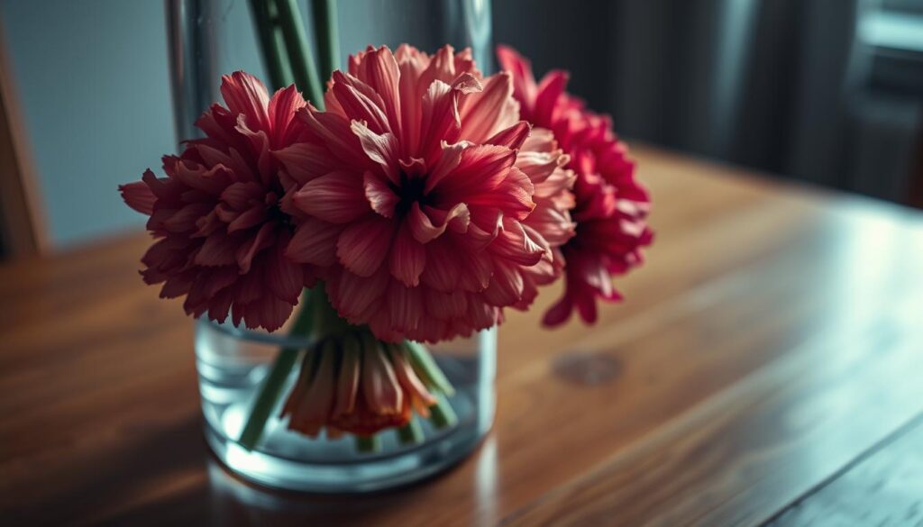 Detailed close-up of wilting carnation flowers in a glass vase, resting on a wooden table. The flowers appear to be drooping, with discolored petals and stems. The lighting is soft and diffused, creating a moody, pensive atmosphere. The background is blurred, emphasizing the focus on the failing carnations. Subtle shadows and reflections in the glass add depth and texture to the composition. The overall scene conveys a sense of the reasons why carnations may not be thriving in a vase, hinting at potential issues with water, nutrients, or environmental conditions. Detailed close-up of wilting carnation flowers in a glass vase, resting on a wooden table. The flowers appear to be drooping, with discolored petals and stems. The lighting is soft and diffused, creating a moody, pensive atmosphere. The background is blurred, emphasizing the focus on the failing carnations. Subtle shadows and reflections in the glass add depth and texture to the composition. The overall scene conveys a sense of the reasons why carnations may not be thriving in a vase, hinting at potential issues with water, nutrients, or environmental conditions.