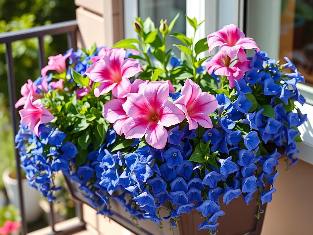 Niebieska lobelia tworząca kontrast z różowymi surfiniami