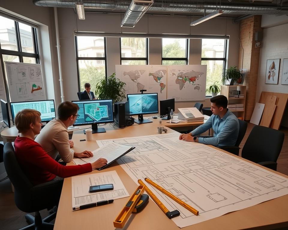 Biuro architektoniczne z projektantami pracującymi nad planem zabudowy