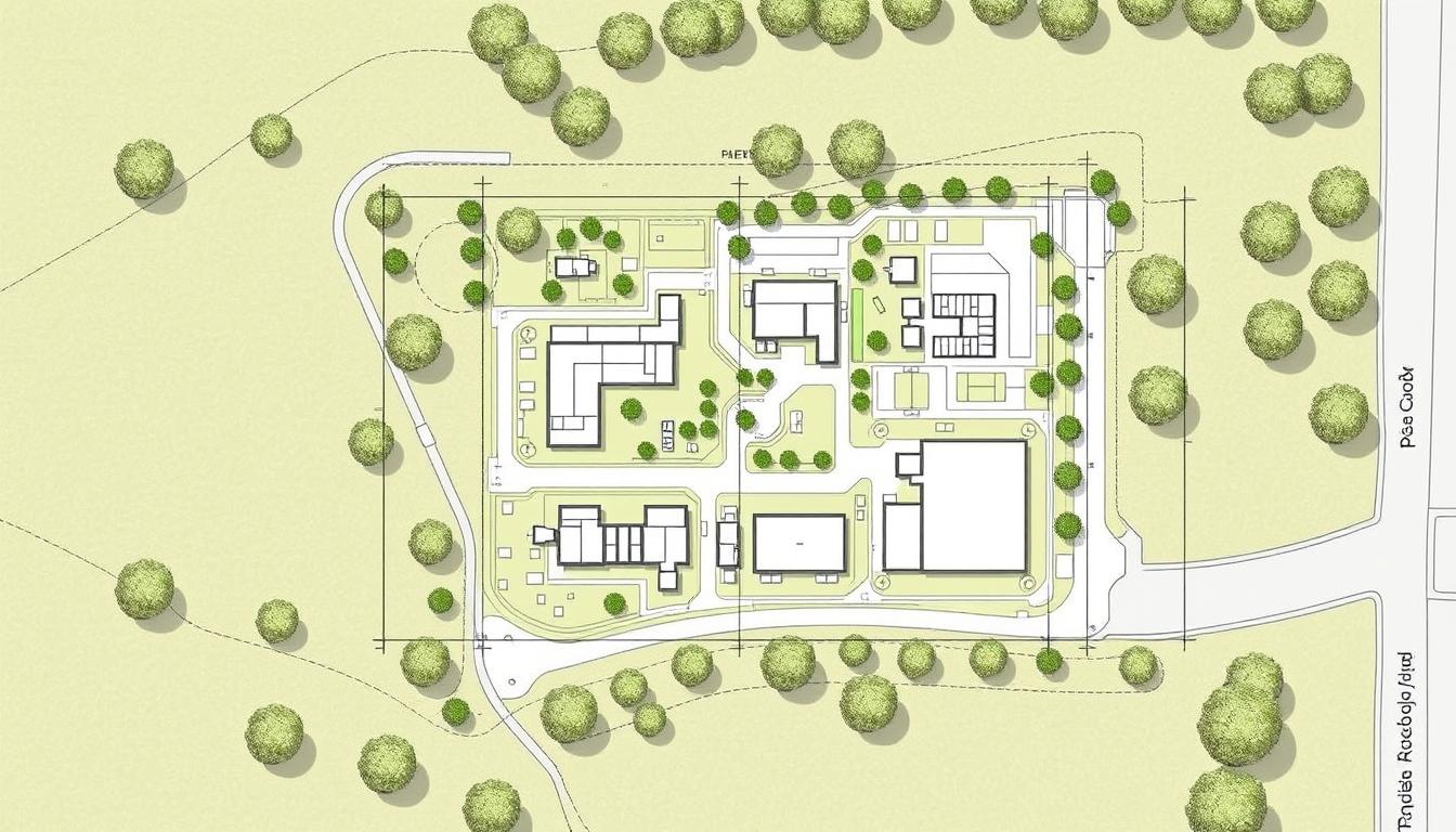 Plan zabudowy lub szkic sytuacyjny z oznaczeniami budynków i infrastruktury