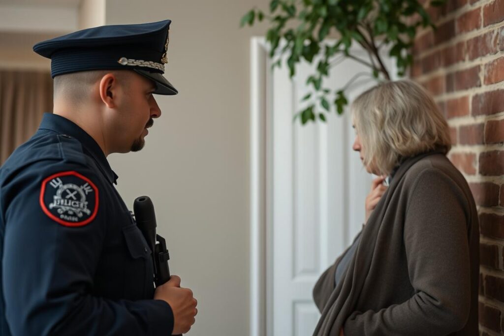 Policjant rozmawiający z mieszkańcem bloku podczas interwencji dotyczącej zakłócania ciszy