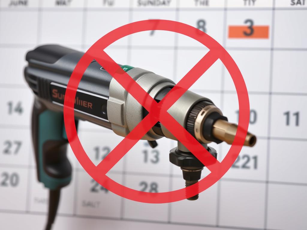 Wiertarka elektryczna z czerwonym znakiem zakazu na tle kalendarza pokazującego niedzielę
