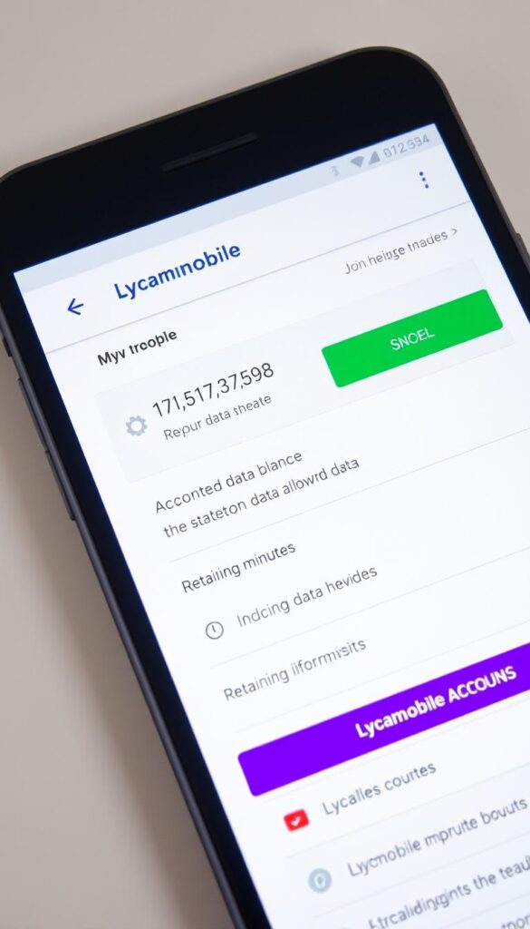 Aplikacja Lycamobile pokazująca stan konta i pozostały pakiet internetu