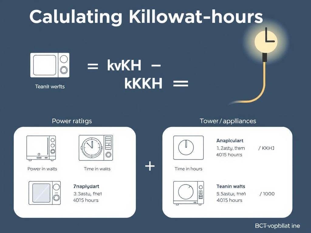 Diagram przedstawiający wzór na obliczenie kilowatogodziny z przykładami urządzeń domowych