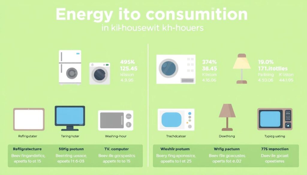 Infografika pokazująca zużycie energii w kilowatogodzinach przez różne urządzenia domowe