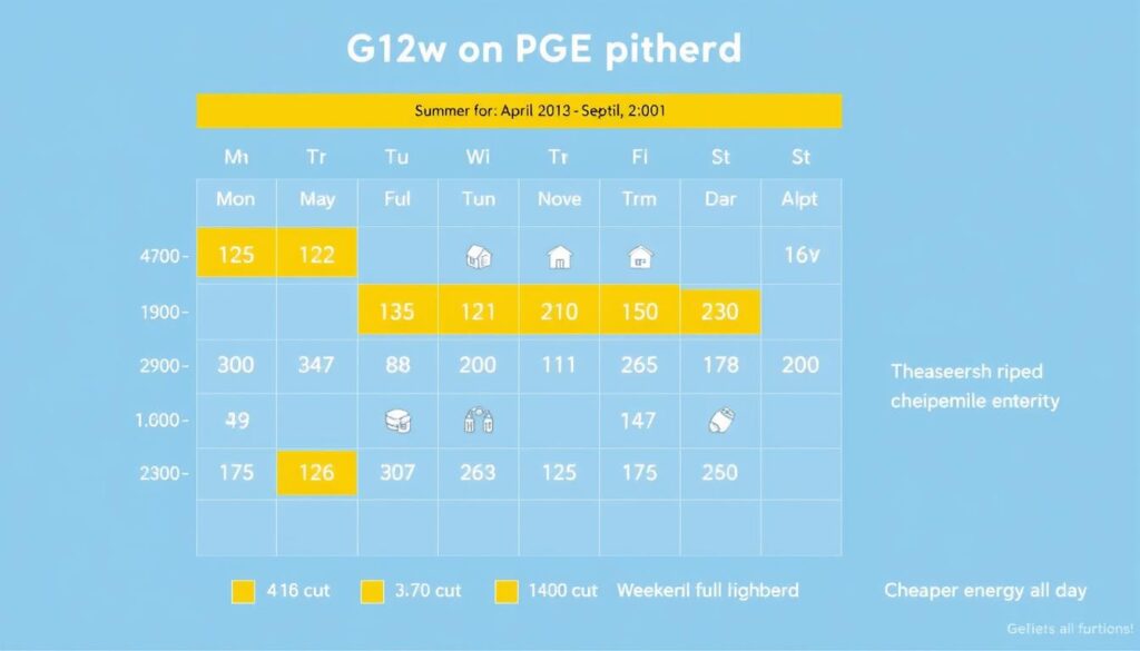 Kalendarz pokazujący okres letni taryfy G12w PGE od kwietnia do września z zaznaczonymi godzinami tańszej energii