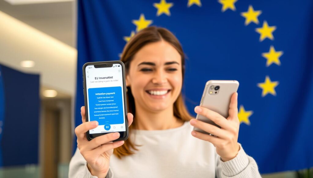 Osoba otrzymująca powiadomienie o przelewie za staż unijny na telefon