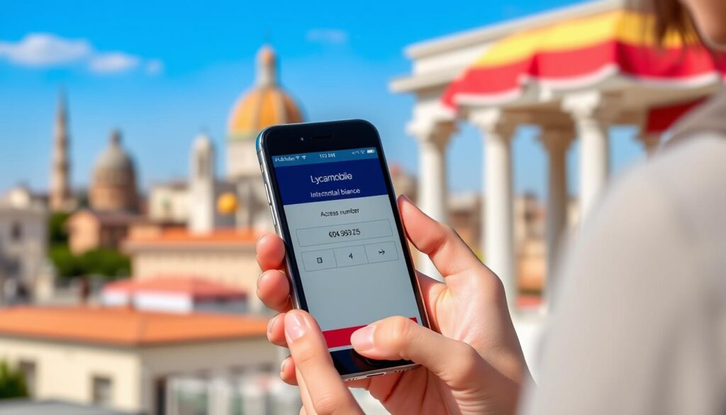 Osoba sprawdzająca stan konta Lycamobile podczas podróży za granicą