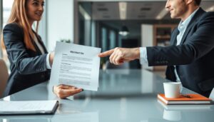 Osoba wręczająca list rezygnacyjny przełożonemu w biurze