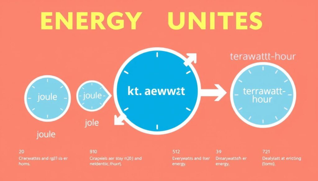 Porównanie różnych jednostek energii od dżula do terawatogodziny z kilowatogodzina w centrum