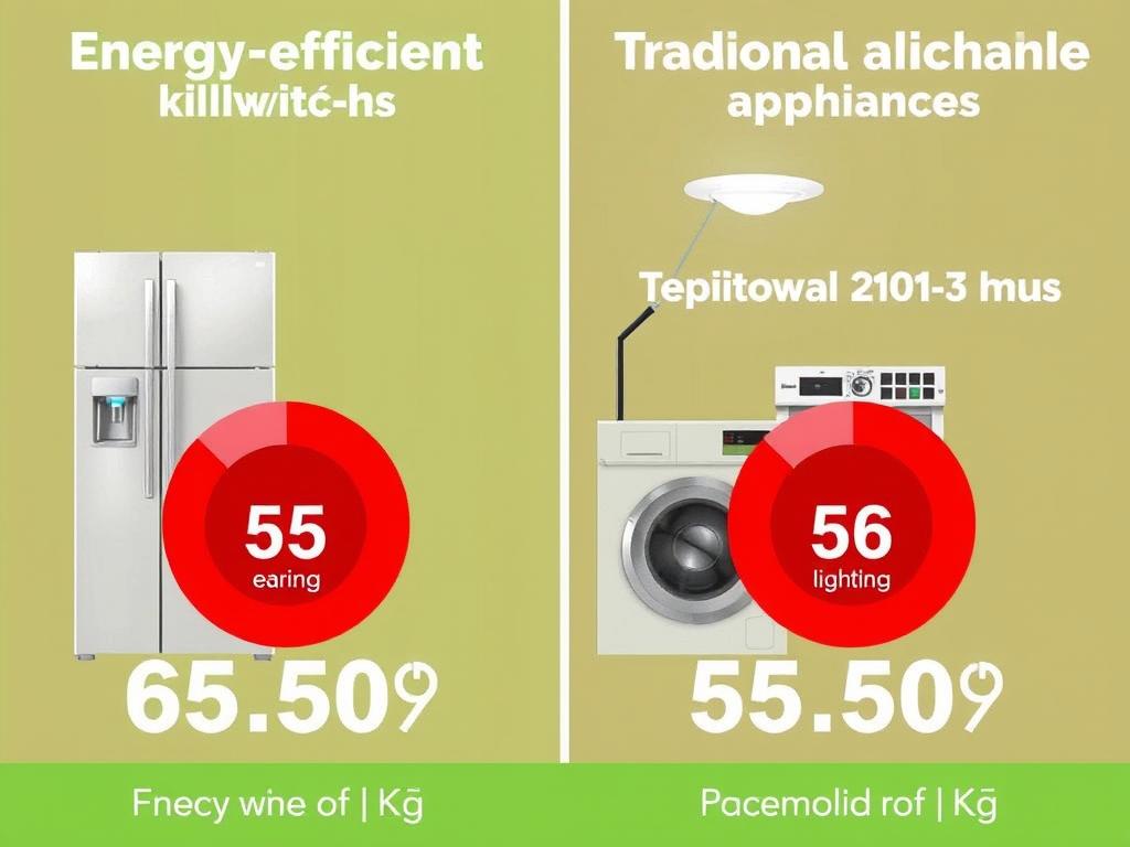 Porównanie zużycia energii w kilowatogodzinach przez energooszczędne i tradycyjne urządzenia domowe