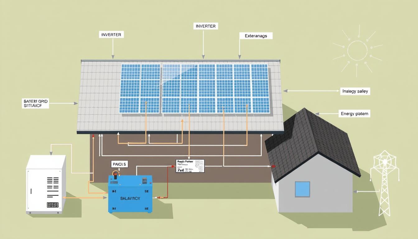 Schemat instalacji fotowoltaicznej z akumulatorami pokazujący połączenia między panelami, falownikiem i magazynem energii
