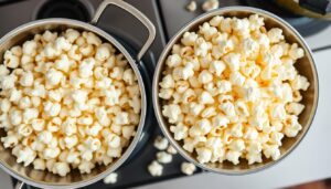 Świeżo przygotowany popcorn w misce obok garnka na kuchence - jak zrobić popcorn bez mikrofali